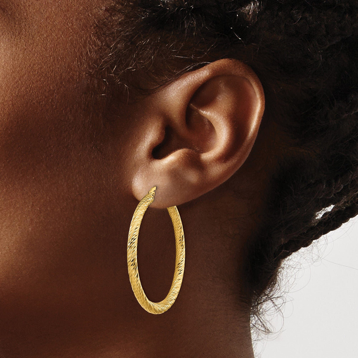 14k Yellow Gold Hoop Earrings, Textured Diamond Cut Round Hoops with Polished Finish