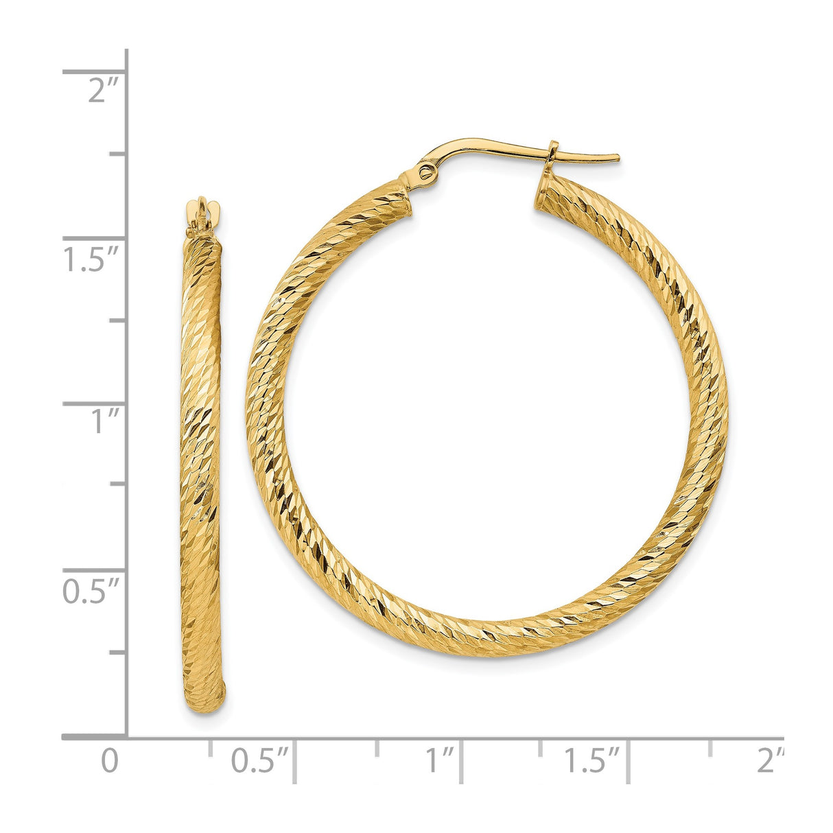 14k Yellow Gold Hoop Earrings, Textured Diamond Cut Round Hoops with Polished Finish