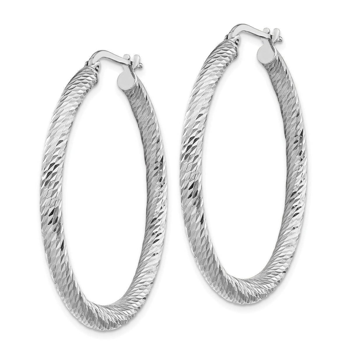 14k White Gold Hoop Earrings, Diamond Cut Textured Round Design, Lightweight and Shiny Finish
