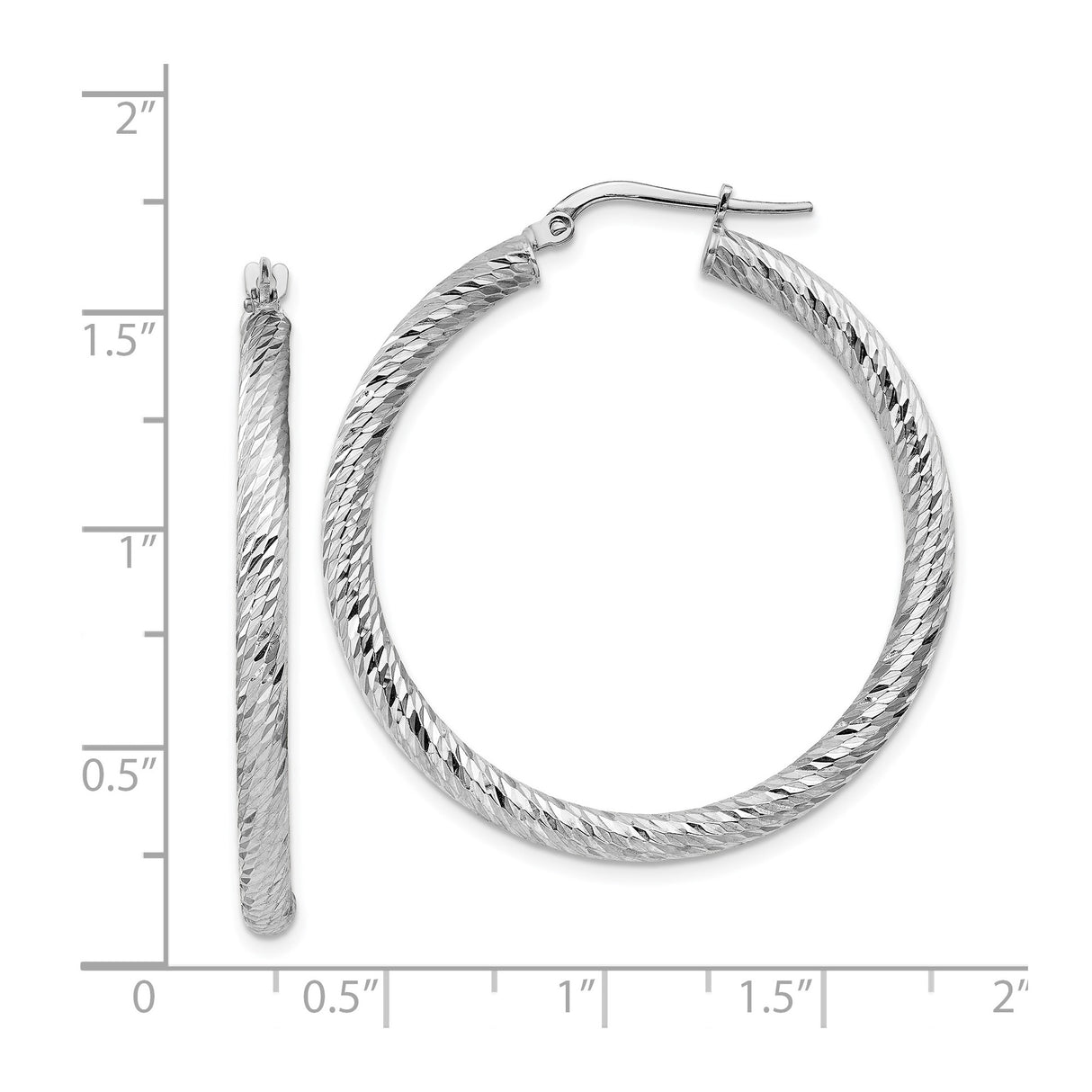 14k White Gold Hoop Earrings, Diamond Cut Textured Round Design, Lightweight and Shiny Finish