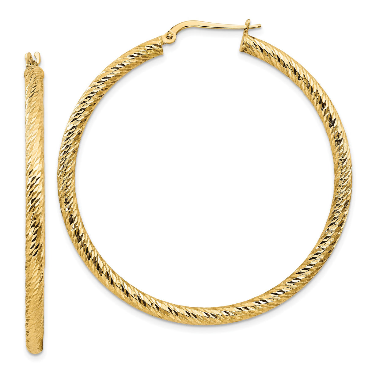 14k Yellow Gold Twisted Hoop Earrings with Diamond Cut Finish, Textured Large Round Style