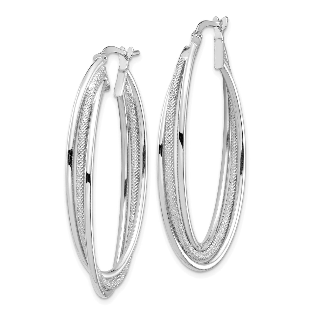 14k White Gold Oval Hoop Earrings, Textured Polished Double Row Design, Classic Lightweight Style