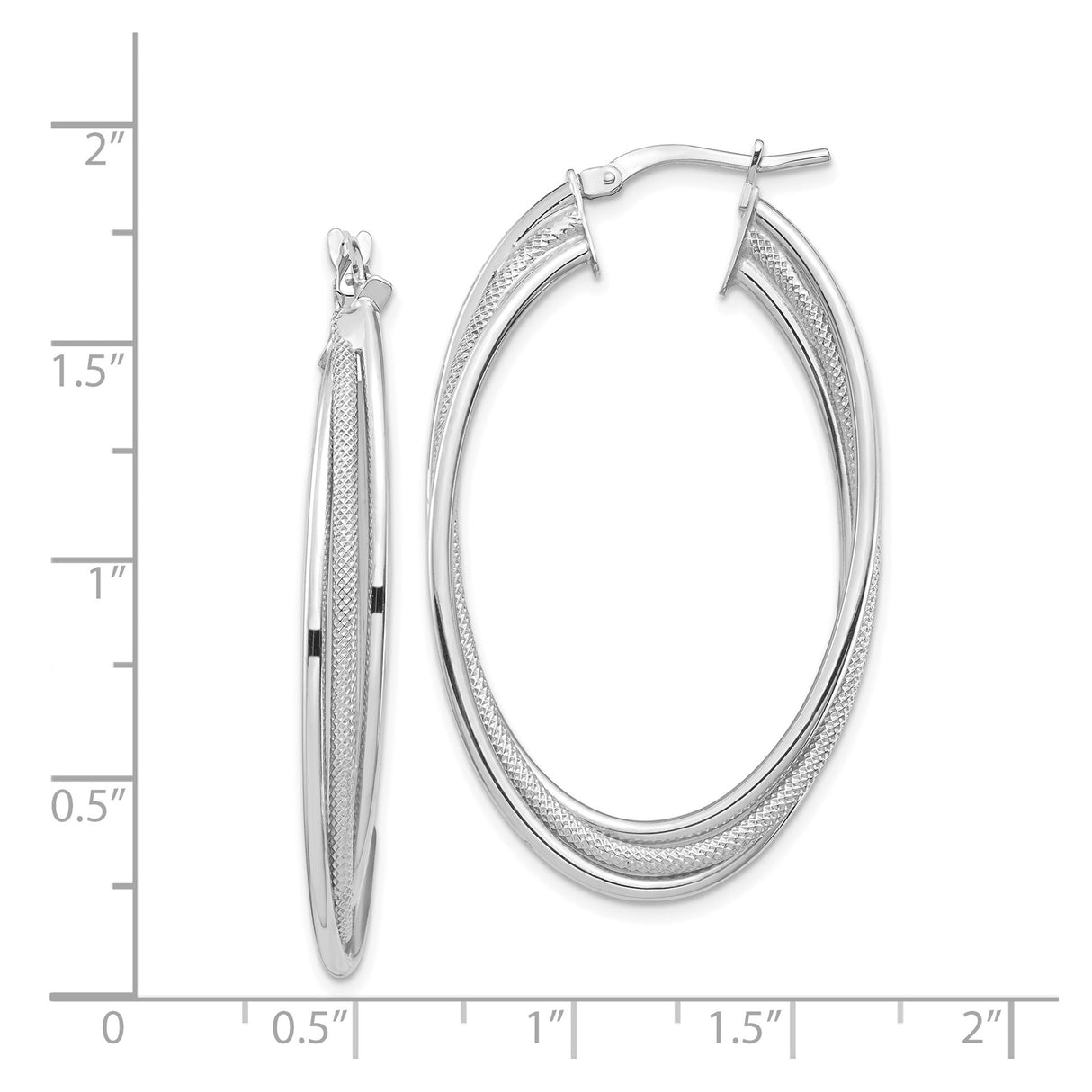 14k White Gold Oval Hoop Earrings, Textured Polished Double Row Design, Classic Lightweight Style