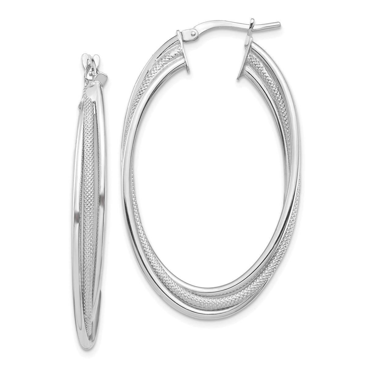 14k White Gold Oval Hoop Earrings, Textured Polished Double Row Design, Classic Lightweight Style