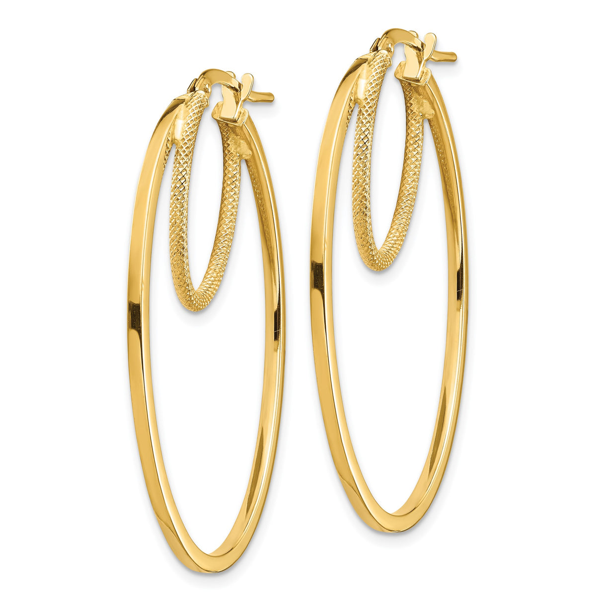 14k Yellow Gold Hoop Earrings with Polished Finish and Textured Inner Loop Design