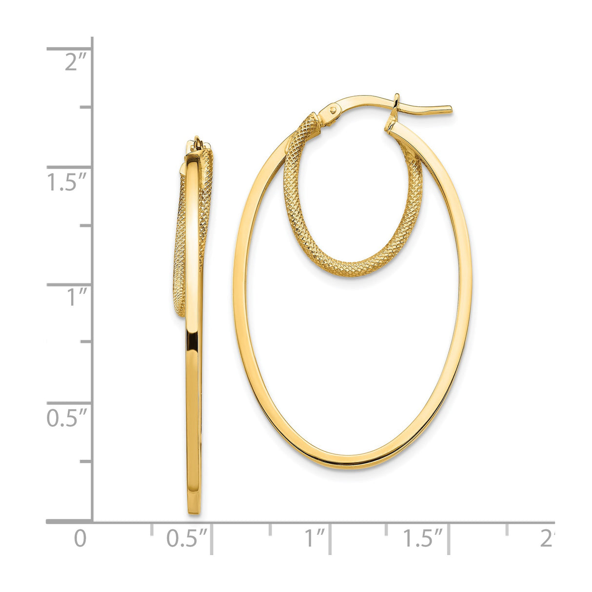 14k Yellow Gold Hoop Earrings with Polished Finish and Textured Inner Loop Design