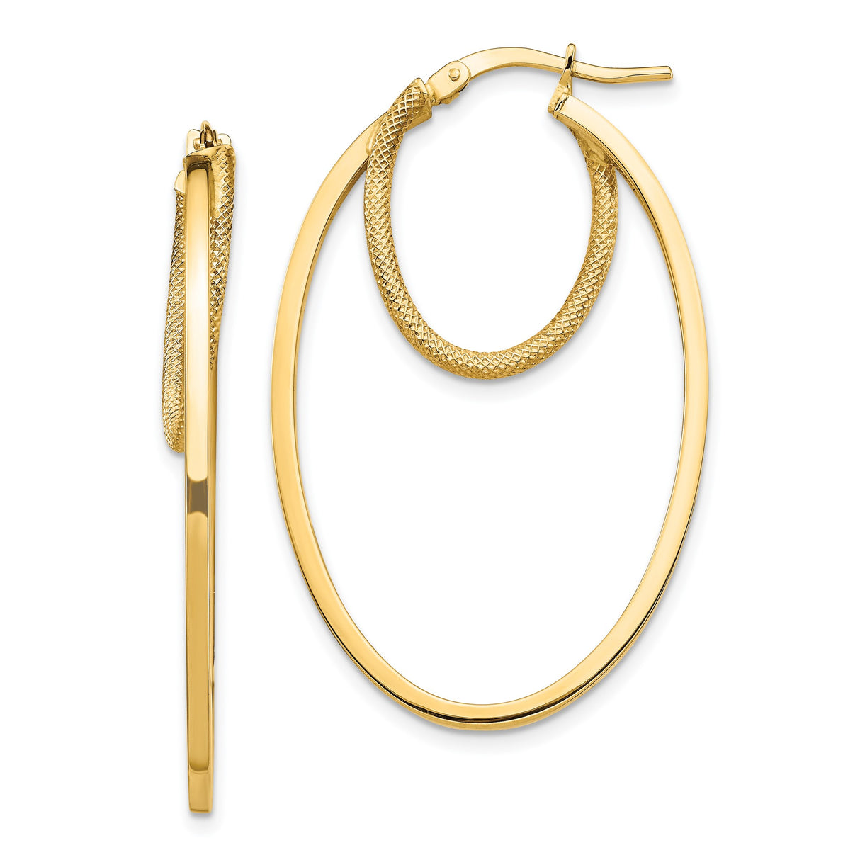 14k Yellow Gold Hoop Earrings with Polished Finish and Textured Inner Loop Design