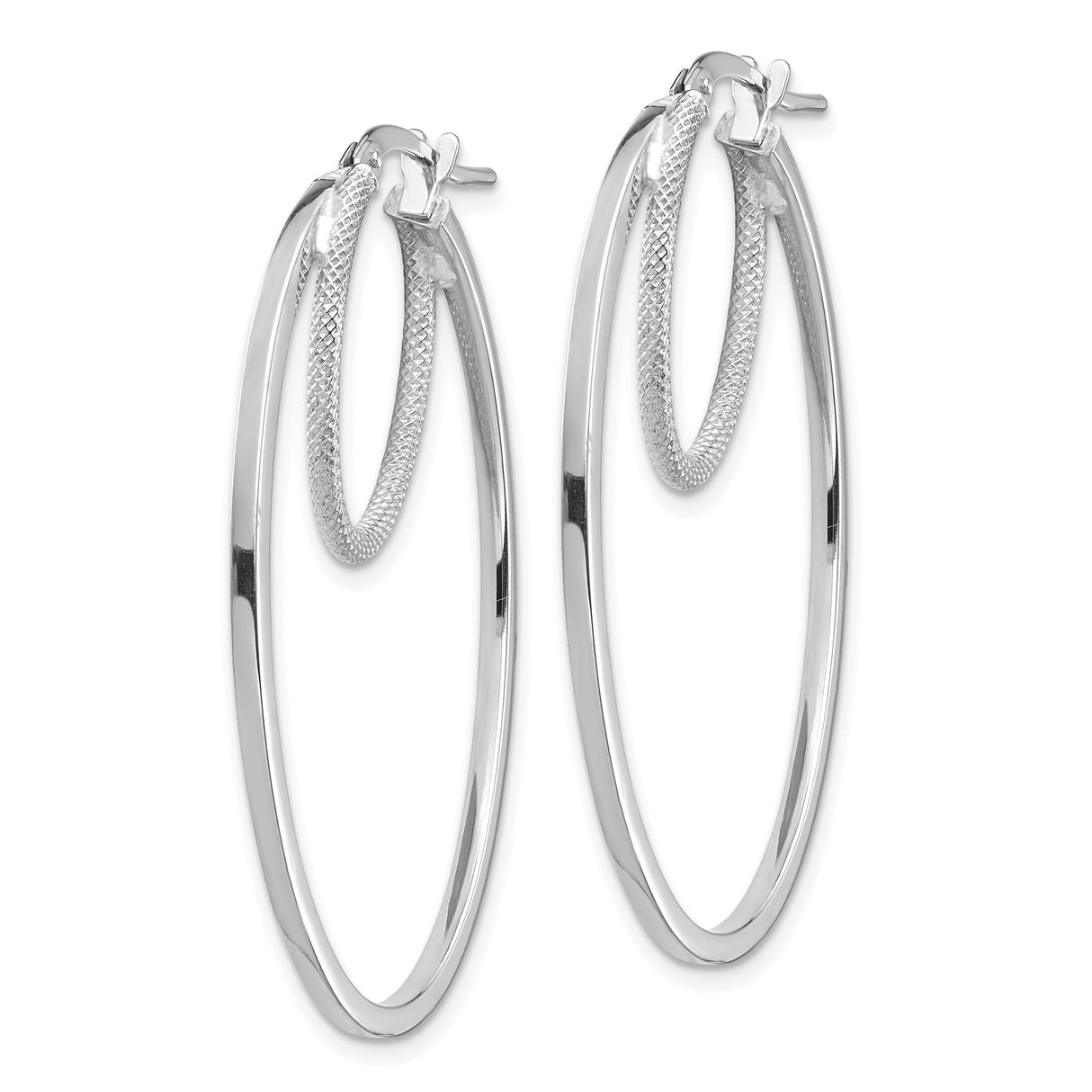 14k White Gold Oval Hoop Earrings with Textured and Polished Dual-Layer Design