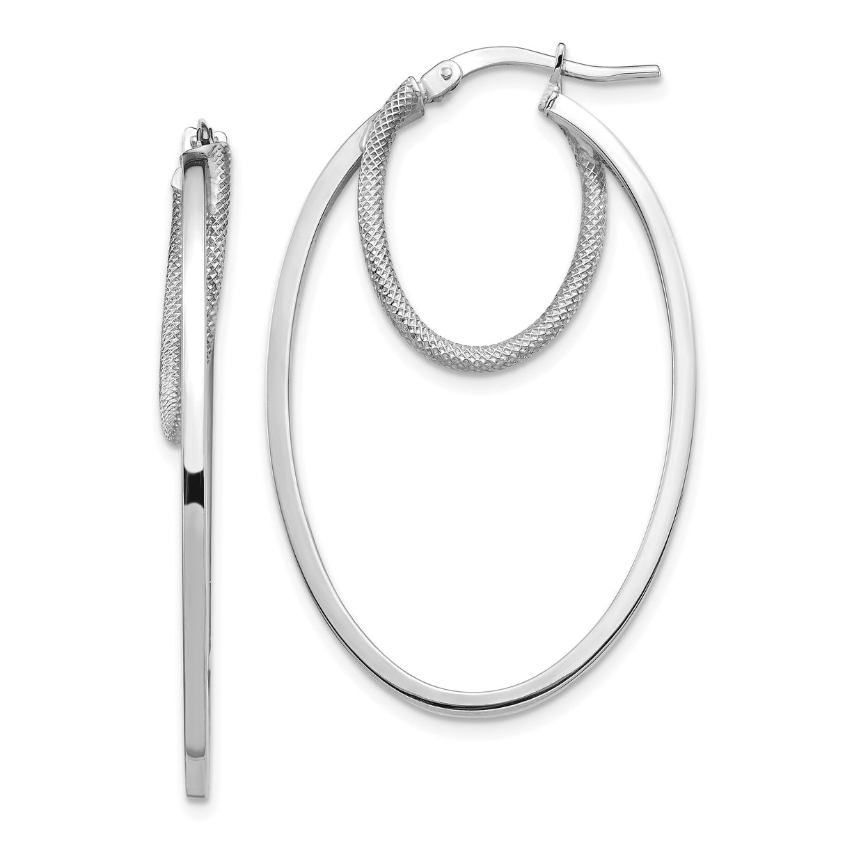 14k White Gold Oval Hoop Earrings with Textured and Polished Dual-Layer Design