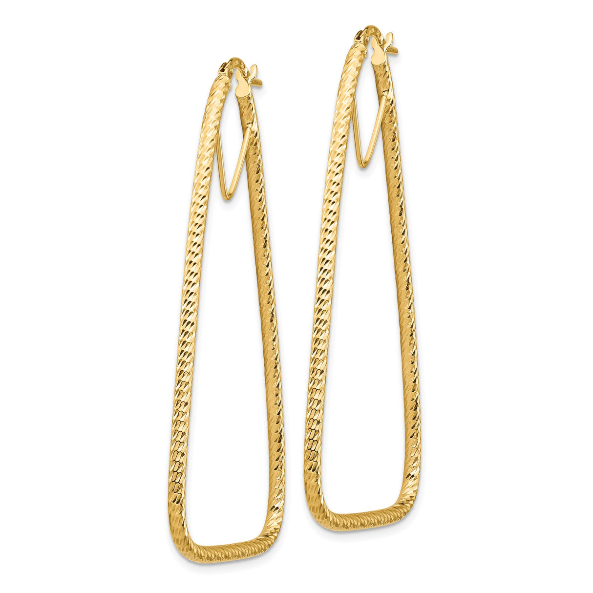 14k Yellow Gold Hoop Earrings, Elongated Triangle, Textured Geometric Modern Style for Women