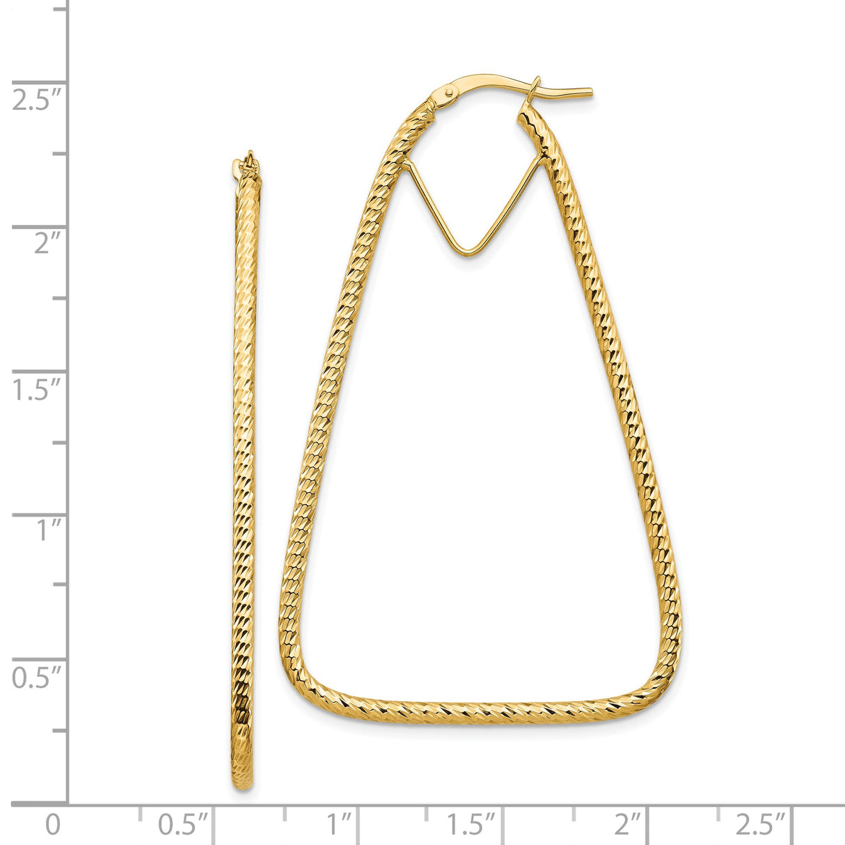 14k Yellow Gold Hoop Earrings, Elongated Triangle, Textured Geometric Modern Style for Women