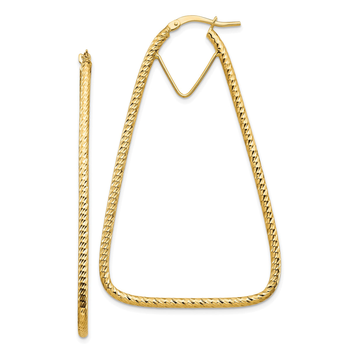 14k Yellow Gold Hoop Earrings, Elongated Triangle, Textured Geometric Modern Style for Women