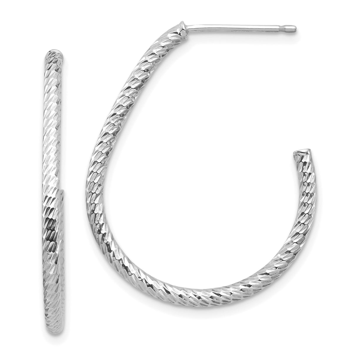 14k White Gold Twisted Diamond Cut Hoop Earrings, Textured Lightweight Polished Finish
