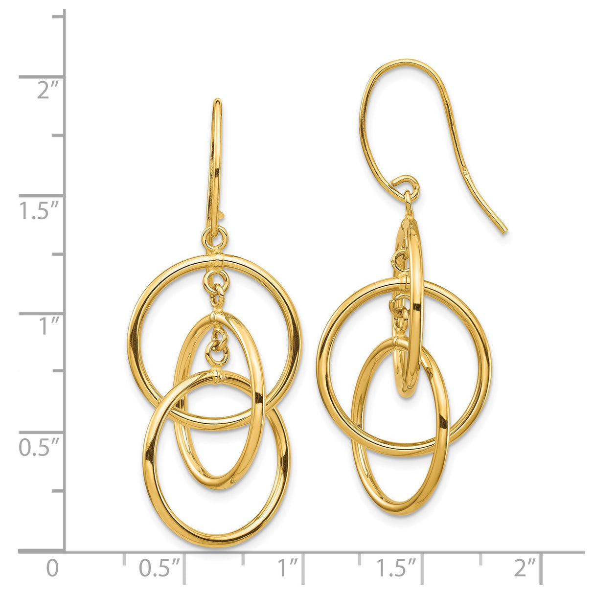 14k Yellow Gold Dangle Earrings with Interlocking Open Hoops, Lightweight Drop Design