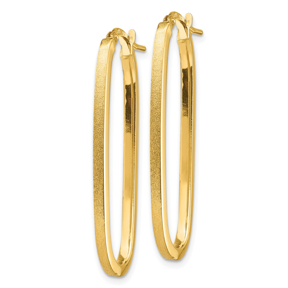 14k Yellow Gold Elongated Oval Hoop Earrings, High Polish and Textured Finish, Minimalist Style