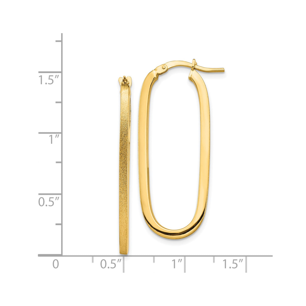 14k Yellow Gold Elongated Oval Hoop Earrings, High Polish and Textured Finish, Minimalist Style