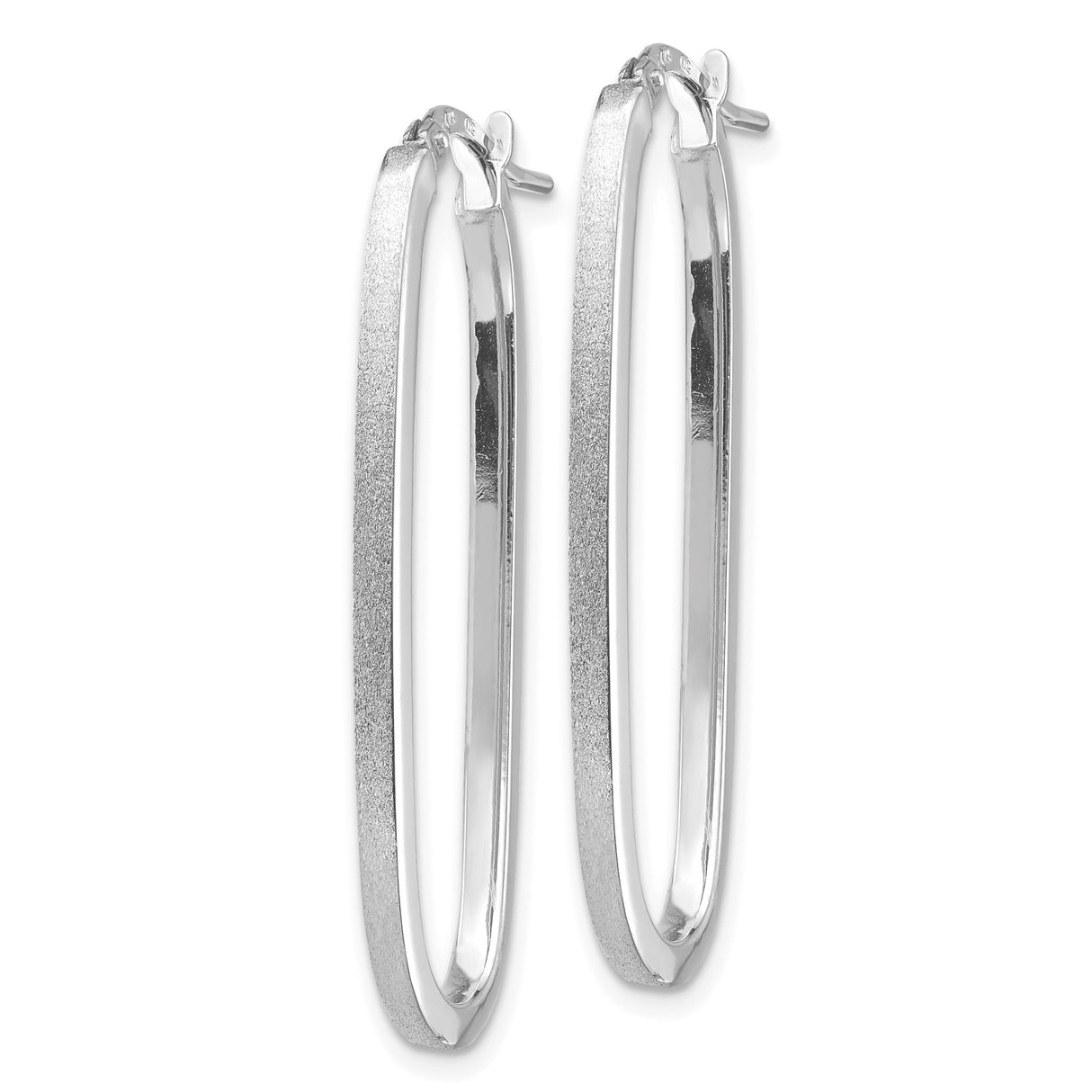 14k White Gold Oval Hoop Earrings with Polished and Textured Finish, Sleek Modern Design