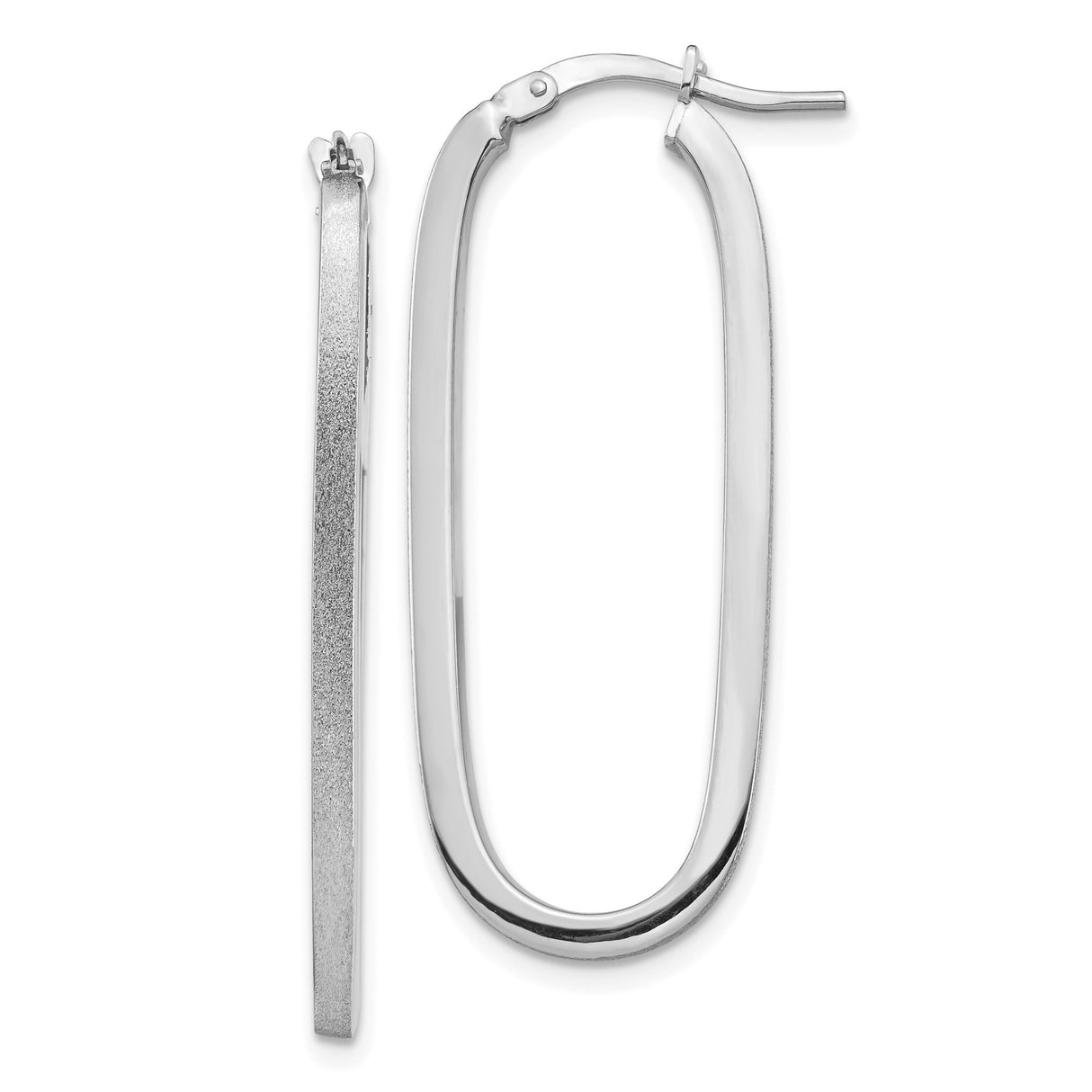 14k White Gold Oval Hoop Earrings with Polished and Textured Finish, Sleek Modern Design