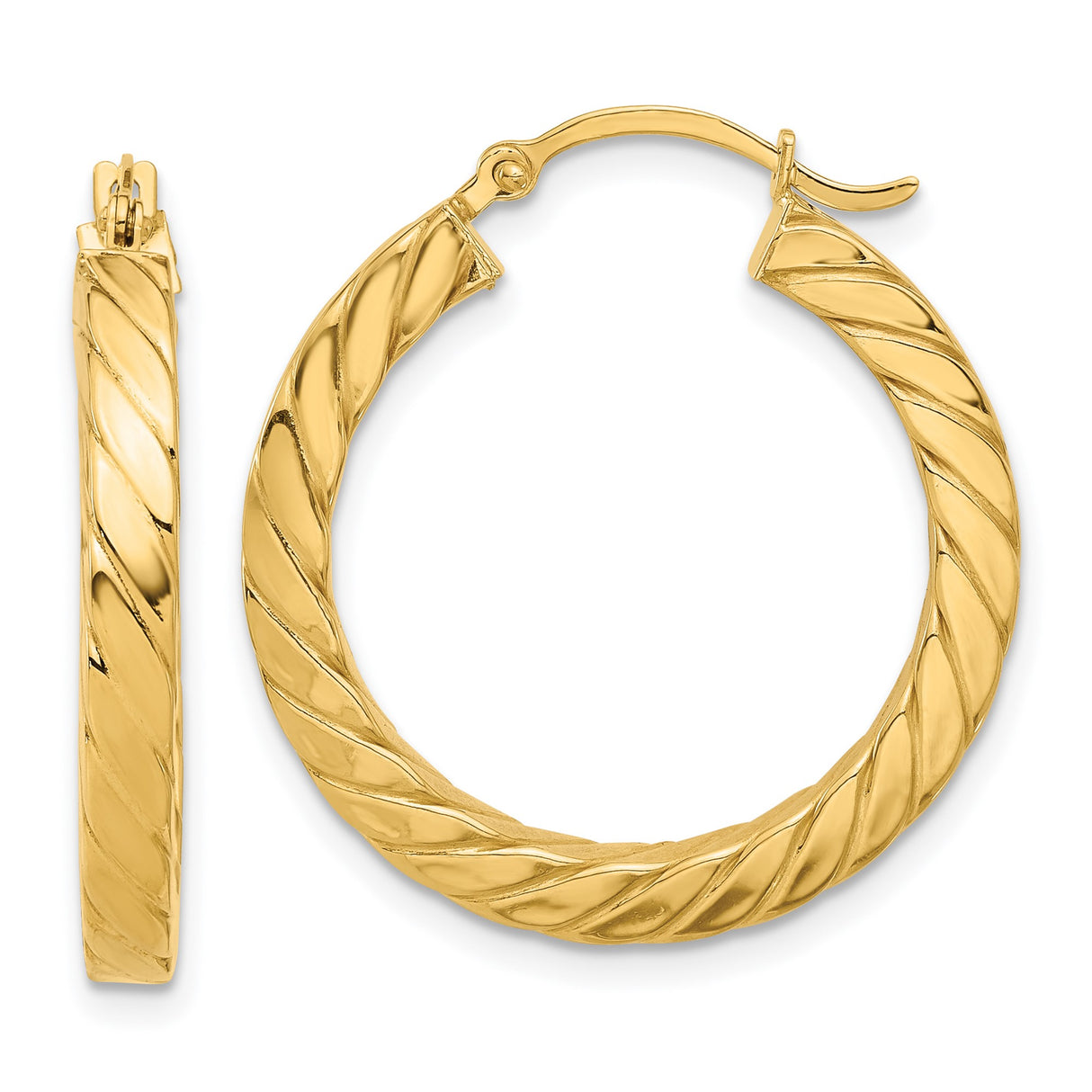14k Yellow Gold Hoop Earrings with Twisted Rope Texture, Polished Fashion Hoops for Women
