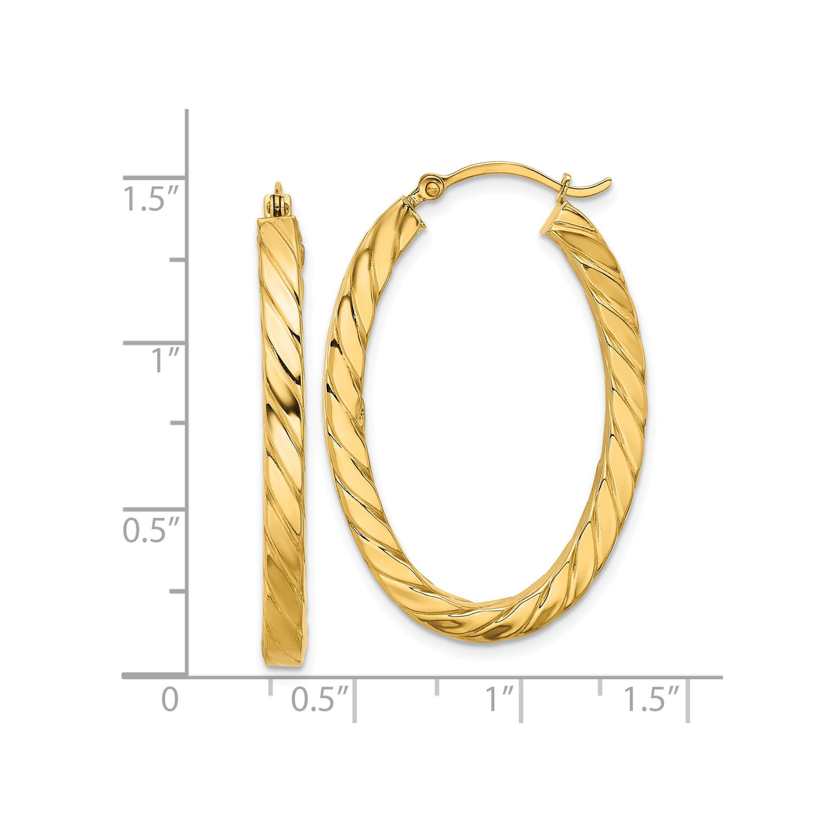 14k Yellow Gold Hoop Earrings, Twisted Oval Design with Diagonal Ribbed Texture, Medium Size