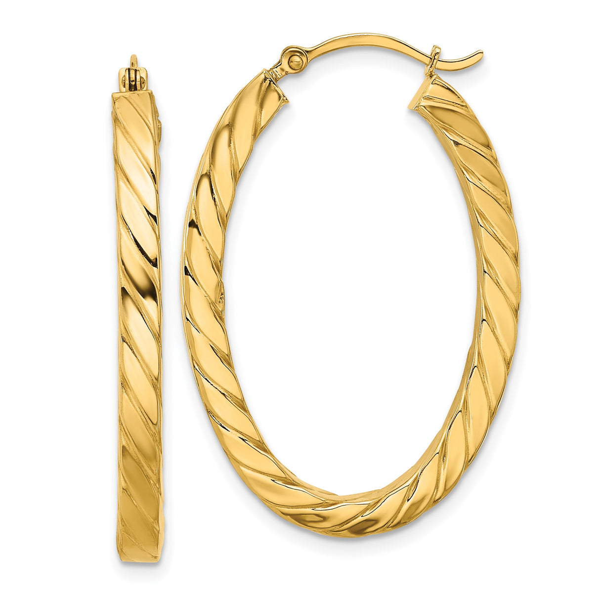 14k Yellow Gold Hoop Earrings, Twisted Oval Design with Diagonal Ribbed Texture, Medium Size
