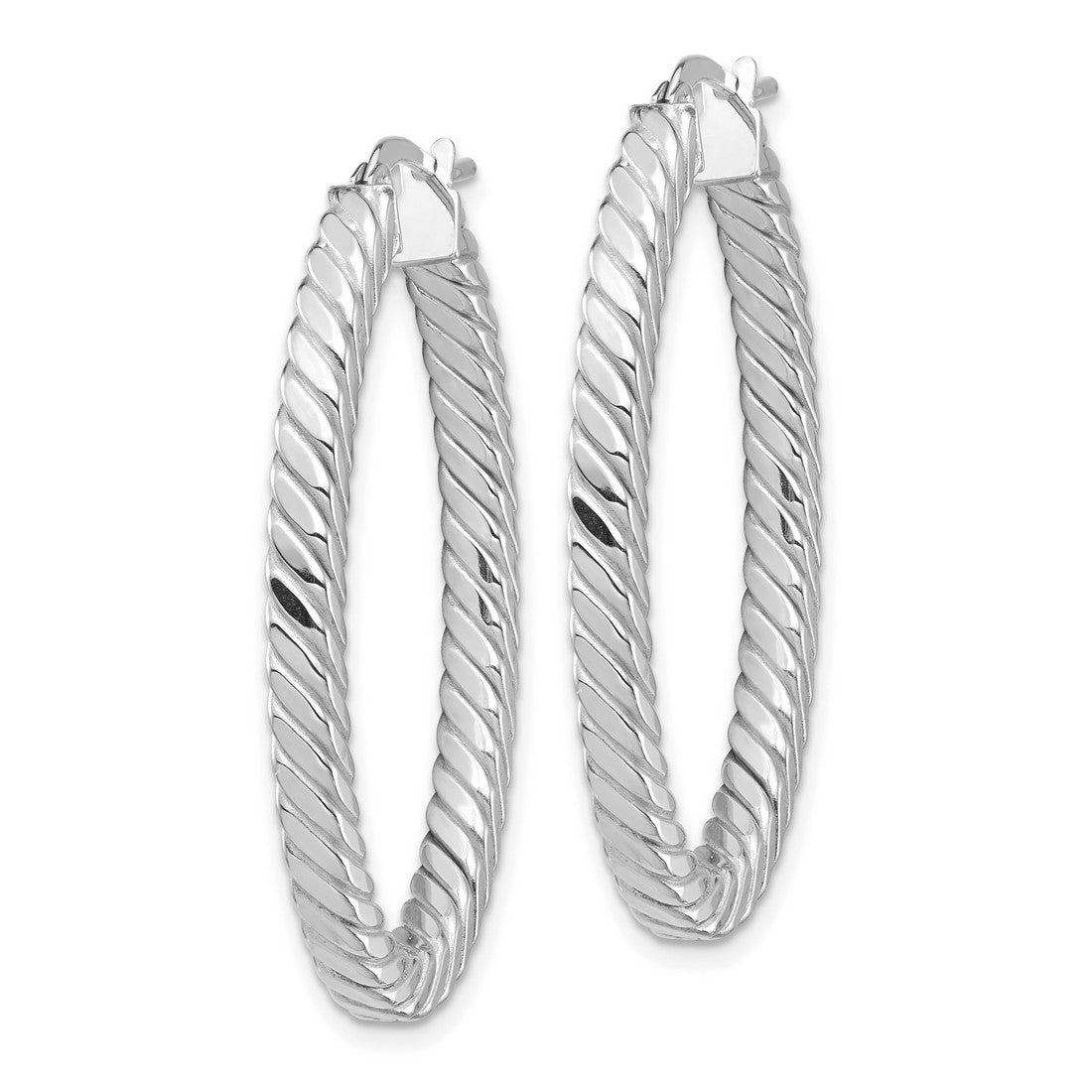 14k White Gold Twisted Oval Hoop Earrings with Polished Rope Design for Women