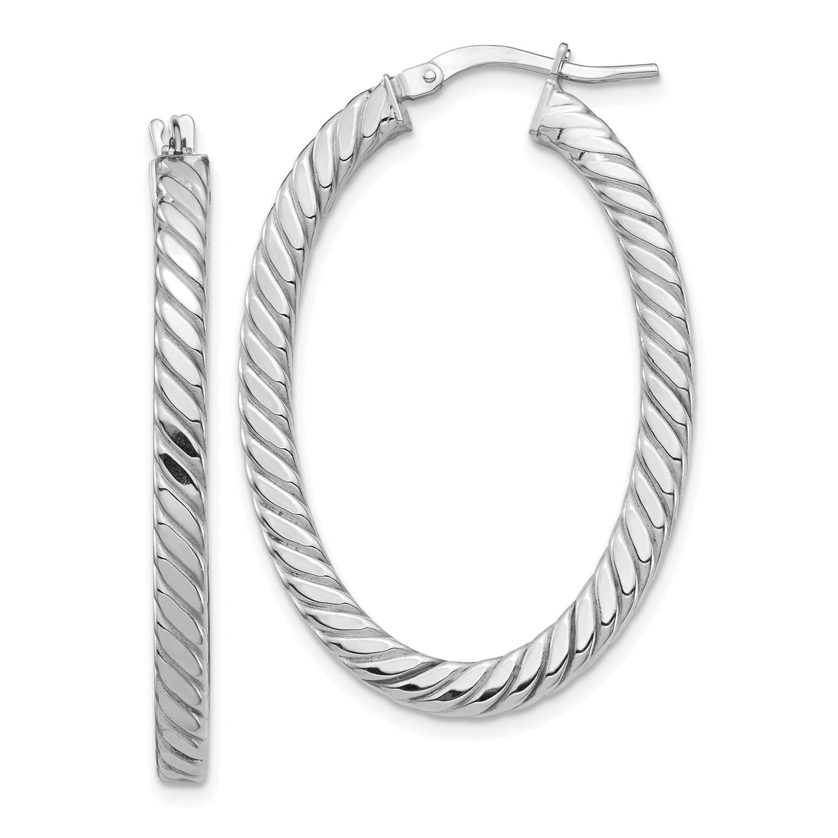 14k White Gold Twisted Oval Hoop Earrings with Polished Rope Design for Women
