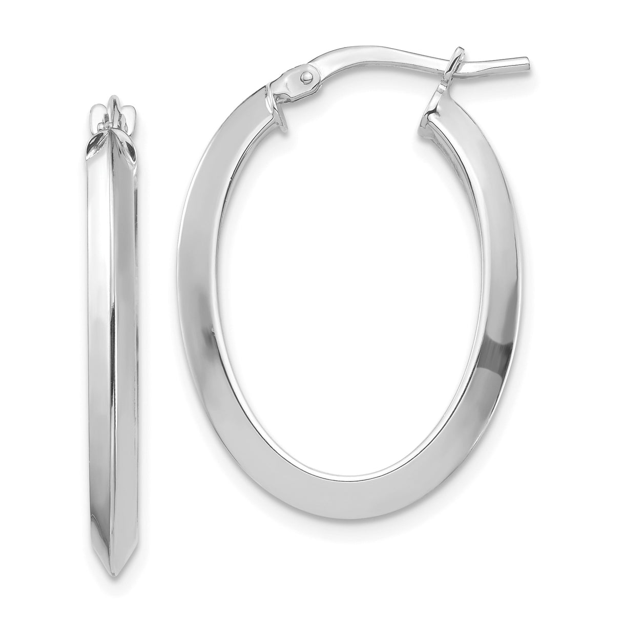 14k White Gold Oval Hoop Earrings, Polished Knife-Edge Design, Lightweight Minimalist Style
