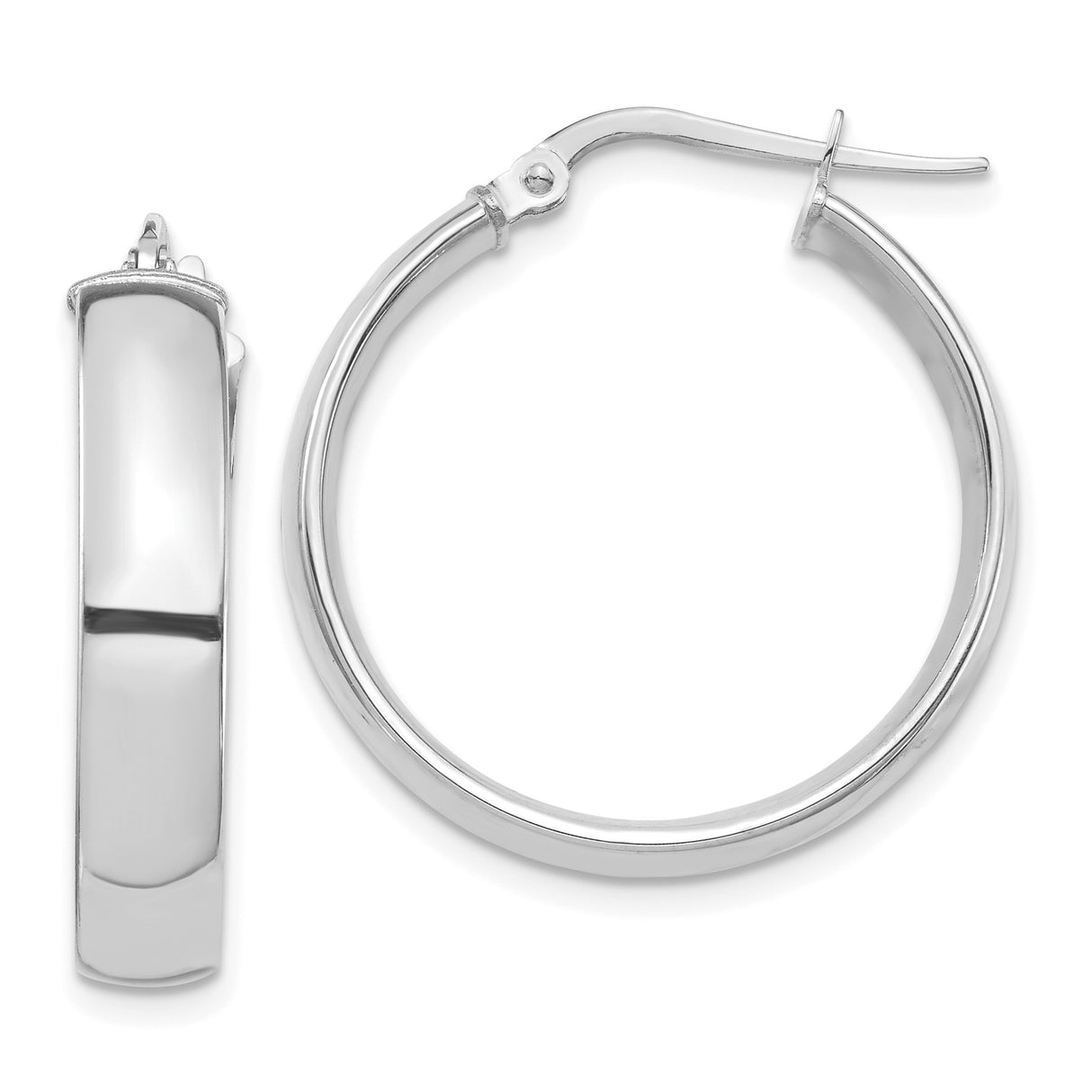 14k White Gold Hoop Earrings, Polished Medium Rounded Design with Hinged Clasp