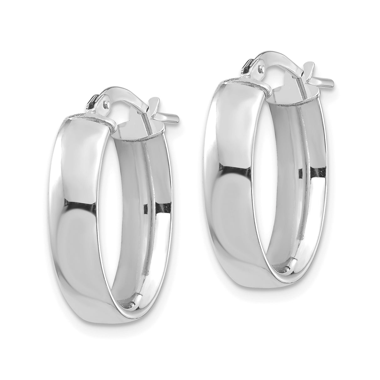 14k White Gold Oval Hoop Earrings, High Polish Finish, Hinged Snap Back, Lightweight Design