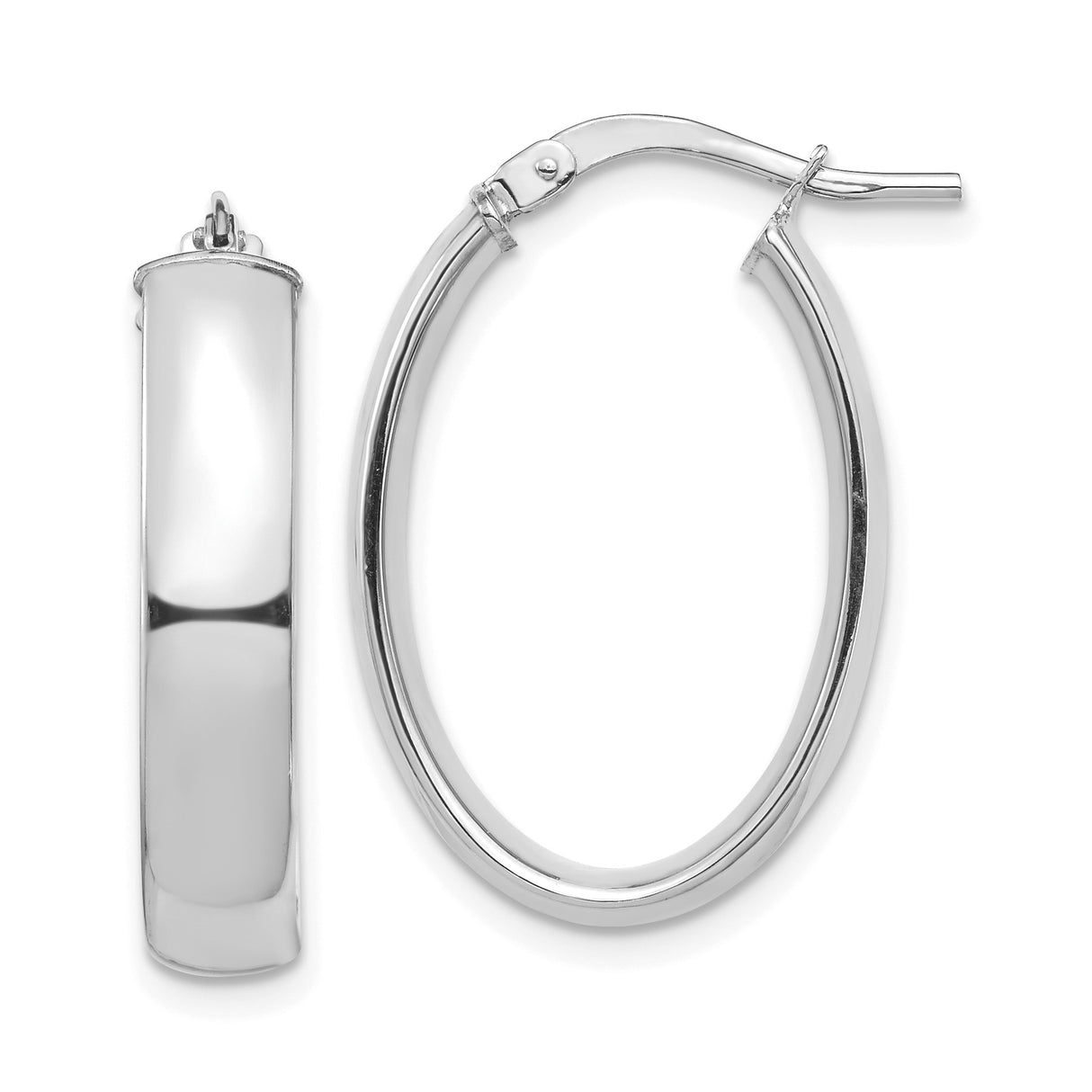 14k White Gold Oval Hoop Earrings, Polished Finish, Hinged Back Closure, Minimalist Style
