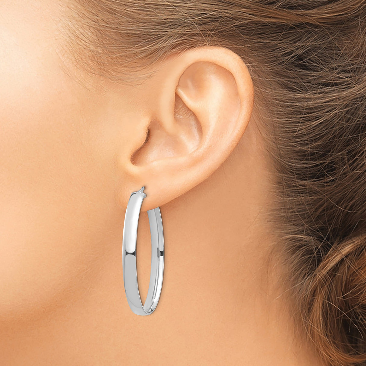 14k White Gold Oval Hoop Earrings, Sleek High Polish Finish, Classic Minimalist Style