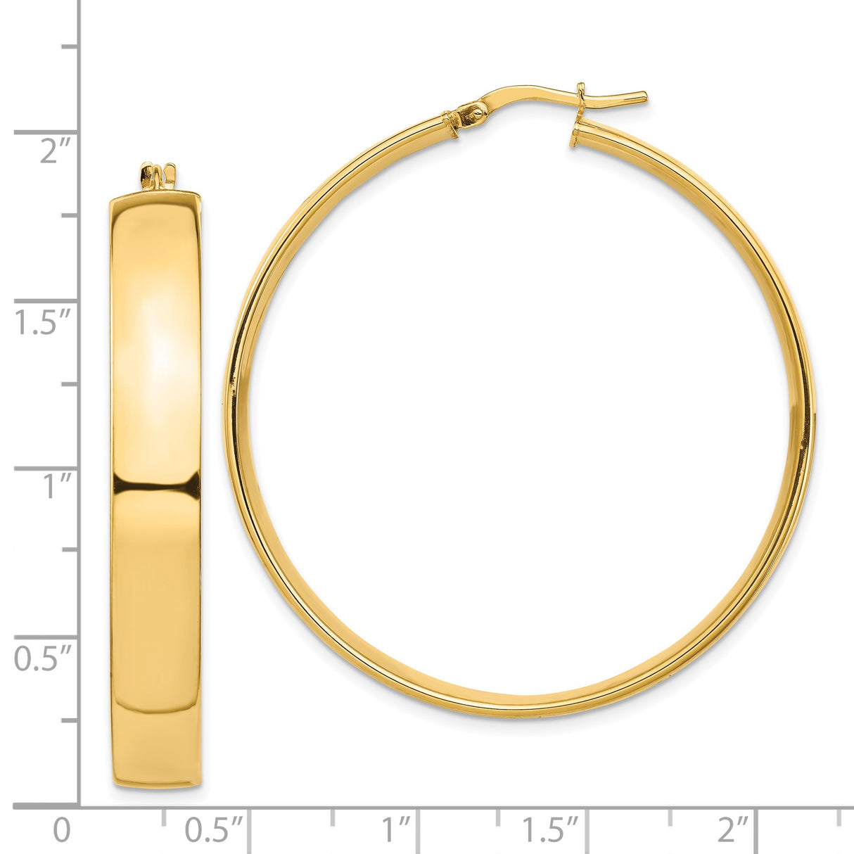 14k Yellow Gold Hoop Earrings, Large Flat Edge Design with High Polish Finish
