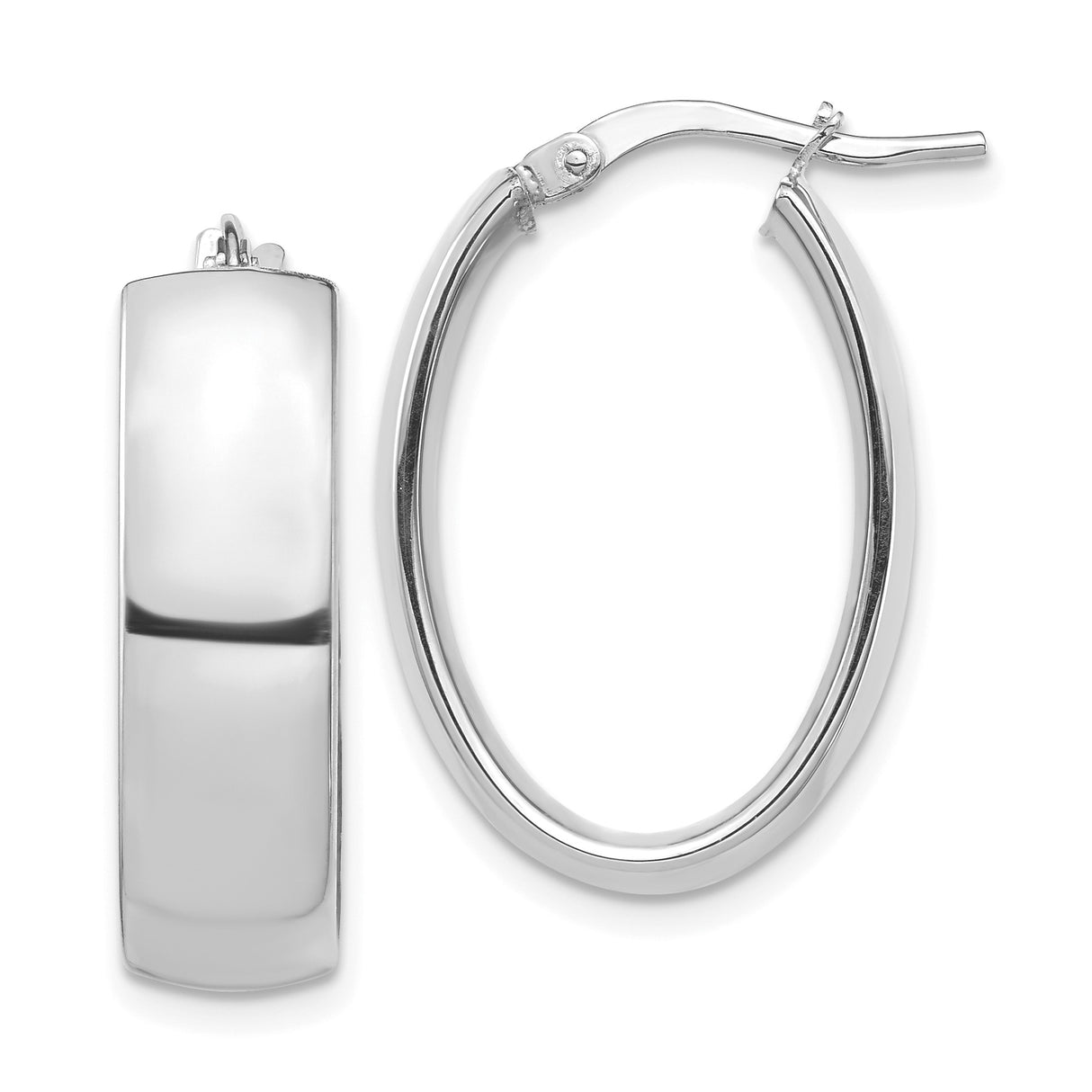14k White Gold Oval Hoop Earrings, Polished Lightweight Hinged Hoops, Classic Minimalist Style