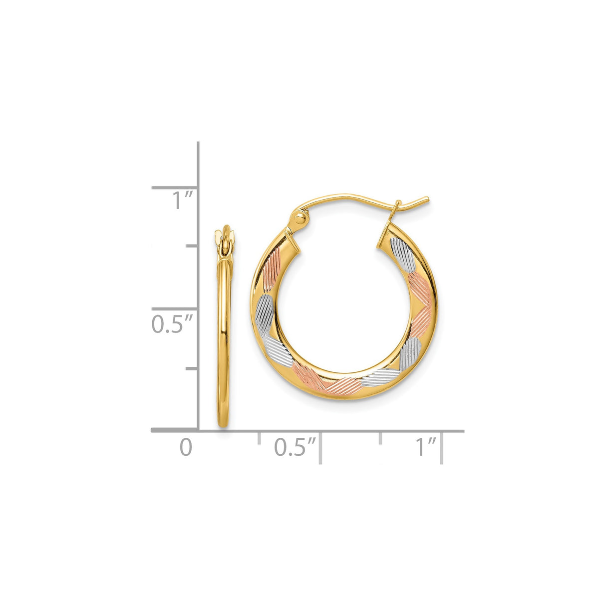 14k Tri-Color Gold Hoop Earrings with Rhodium and Rose Gold Accents, Textured Finish