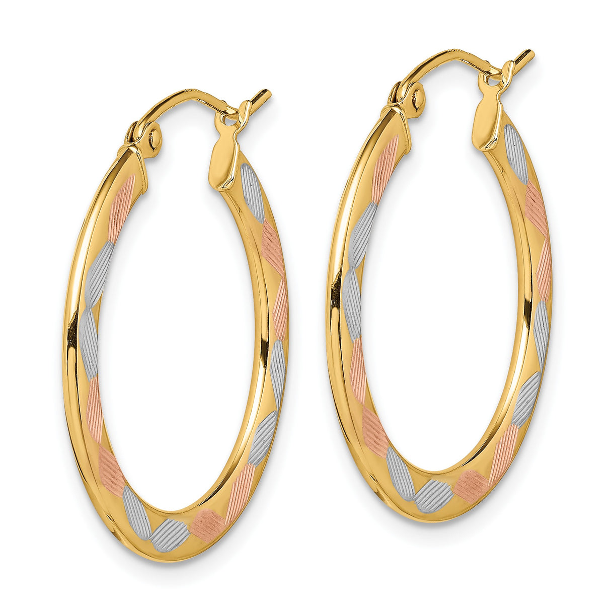 14k Yellow Gold Hoop Earrings with Diamond-Cut Tri-Color Interwoven Design for Women