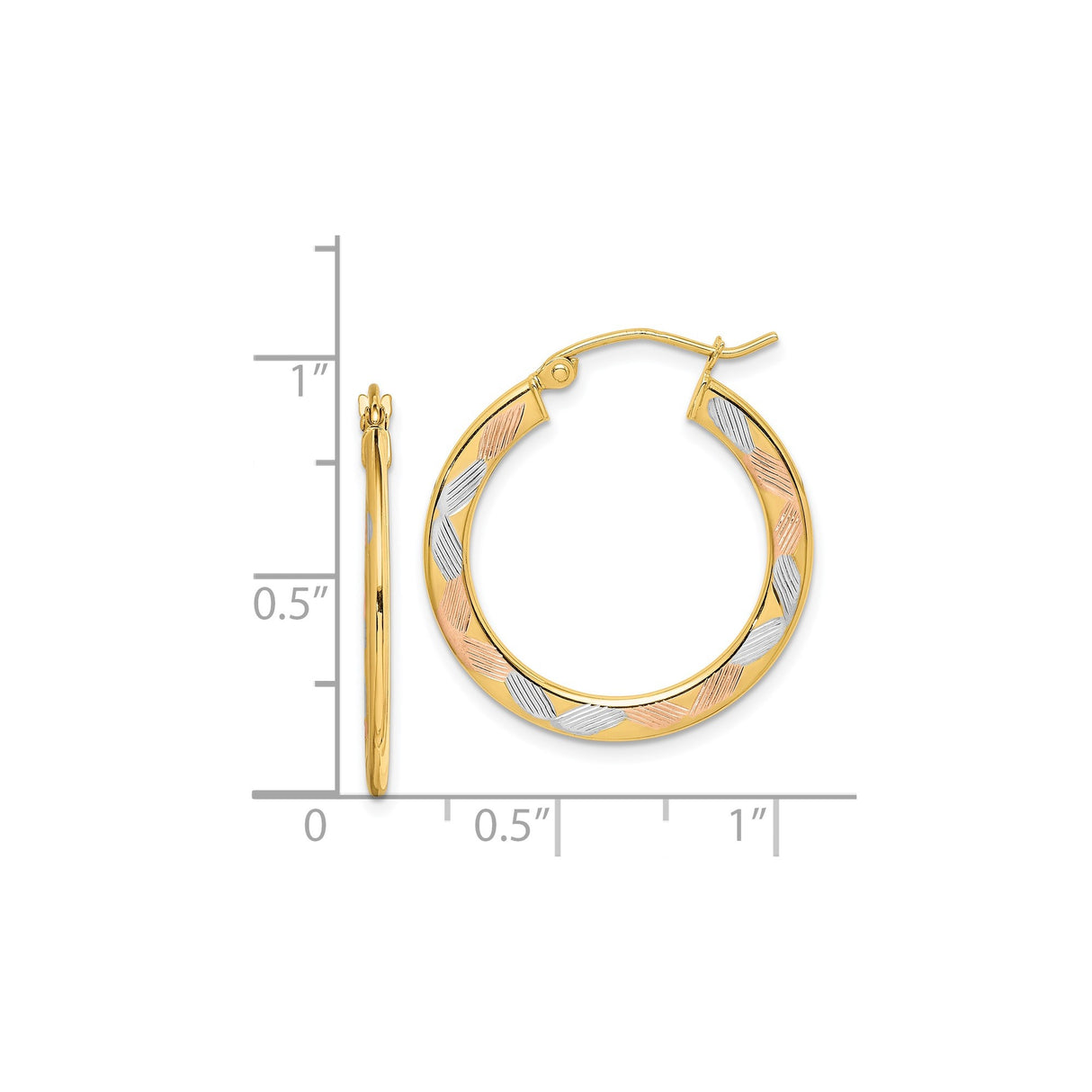 14k Yellow Gold Hoop Earrings with Diamond-Cut Tri-Color Interwoven Design for Women