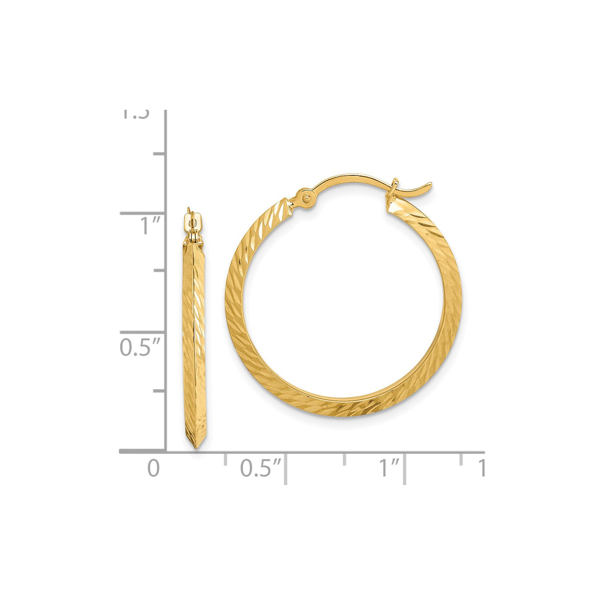 14k Yellow Gold Hoop Earrings, Polished and Diamond Cut Finish, Lightweight Hinged Hoops for Women