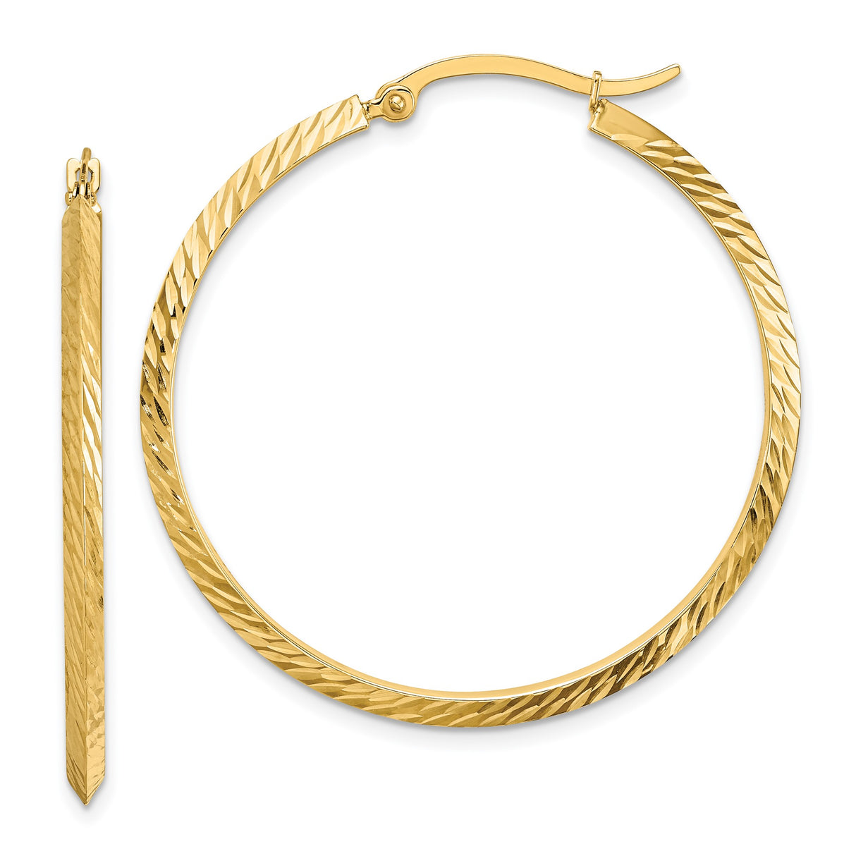 14k Yellow Gold Hoop Earrings, Diamond-Cut Twisted Design, High-Polish Finish