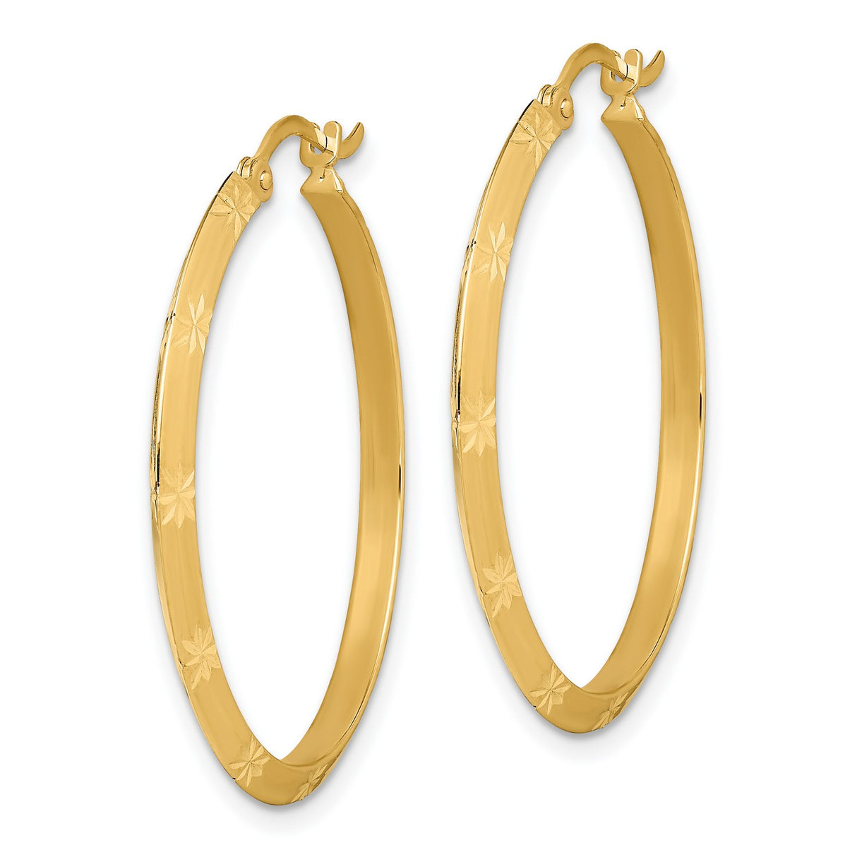 14k Yellow Gold Hoop Earrings with Starburst Engraving and Floral Etching