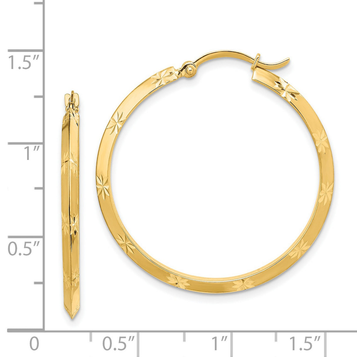 14k Yellow Gold Hoop Earrings with Starburst Engraving and Floral Etching