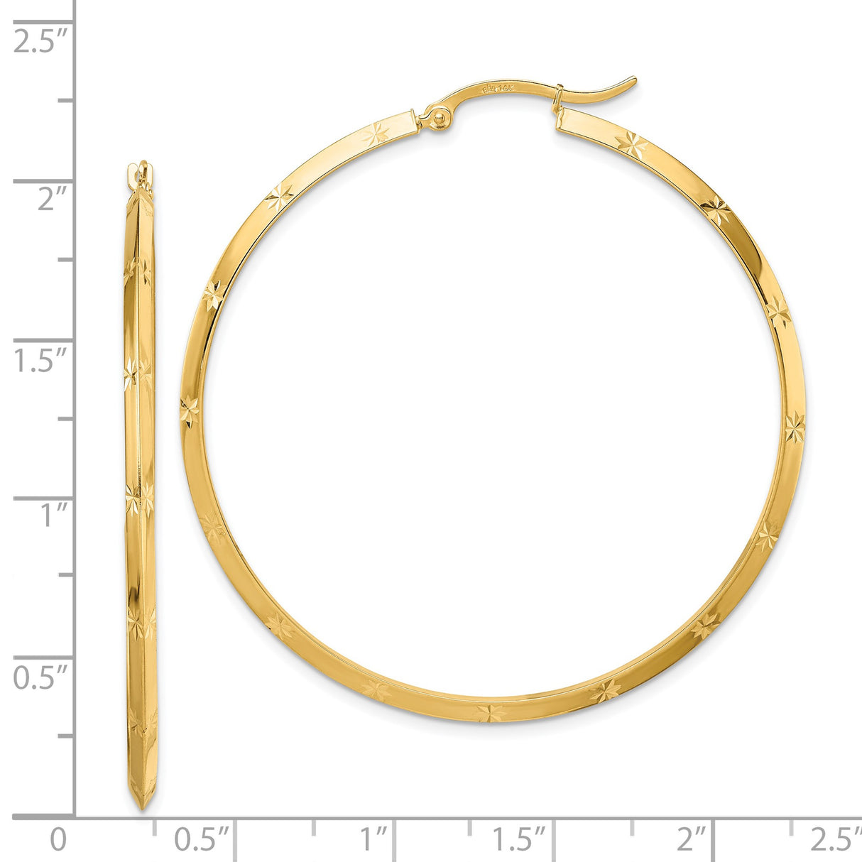 14k Yellow Gold Hoop Earrings, Large Lightweight Starburst Design with Etched Detail