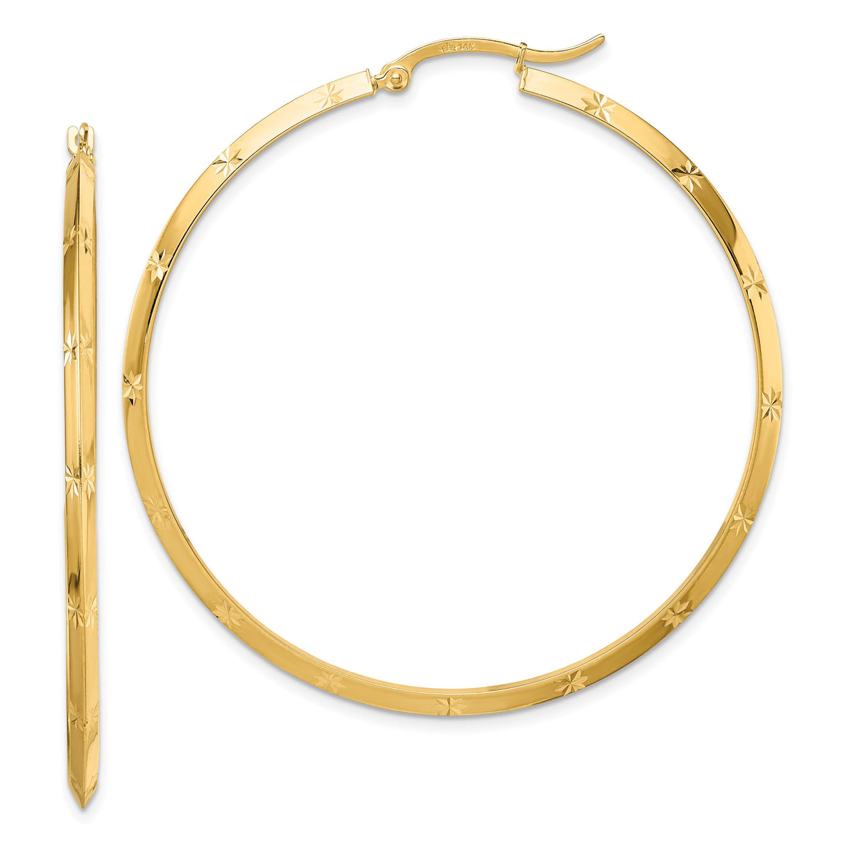 14k Yellow Gold Hoop Earrings, Large Lightweight Starburst Design with Etched Detail