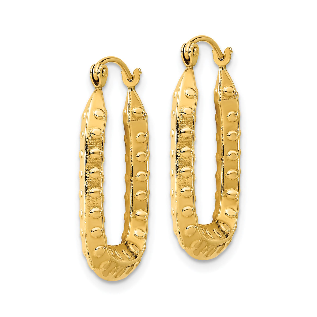 14k Yellow Gold Rectangular Hoop Earrings with Dotted Texture and Hammered Finish