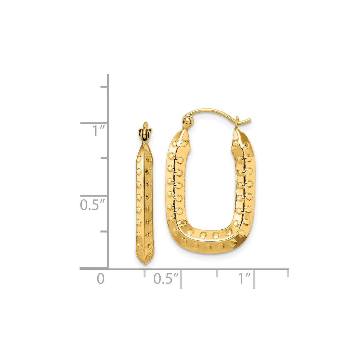 14k Yellow Gold Rectangular Hoop Earrings with Dotted Texture and Hammered Finish