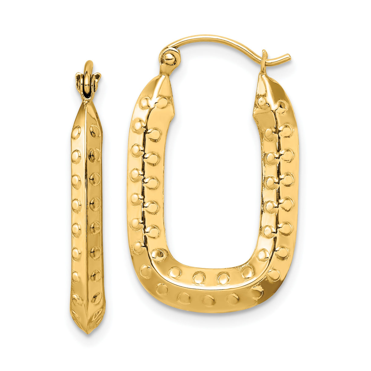 14k Yellow Gold Rectangular Hoop Earrings with Dotted Texture and Hammered Finish