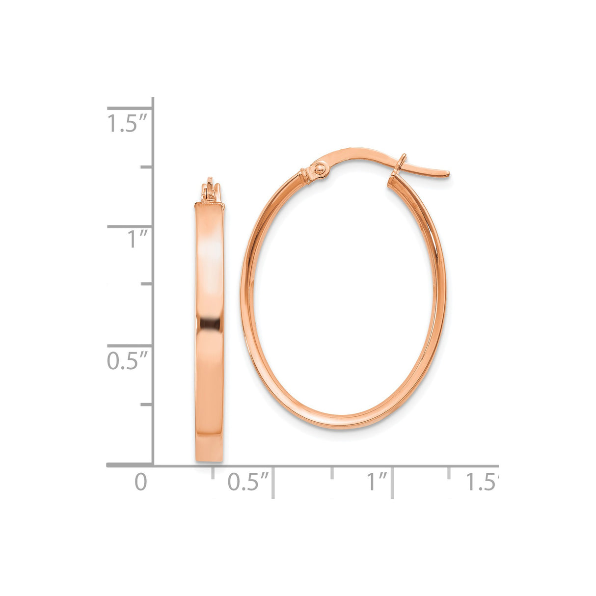 14k Rose Gold Hoop Earrings, Oval Shaped with High Polish Finish and Latch Back Closure