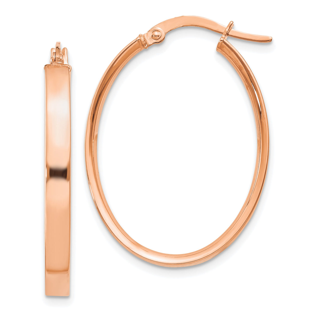 14k Rose Gold Hoop Earrings, Oval Shaped with High Polish Finish and Latch Back Closure
