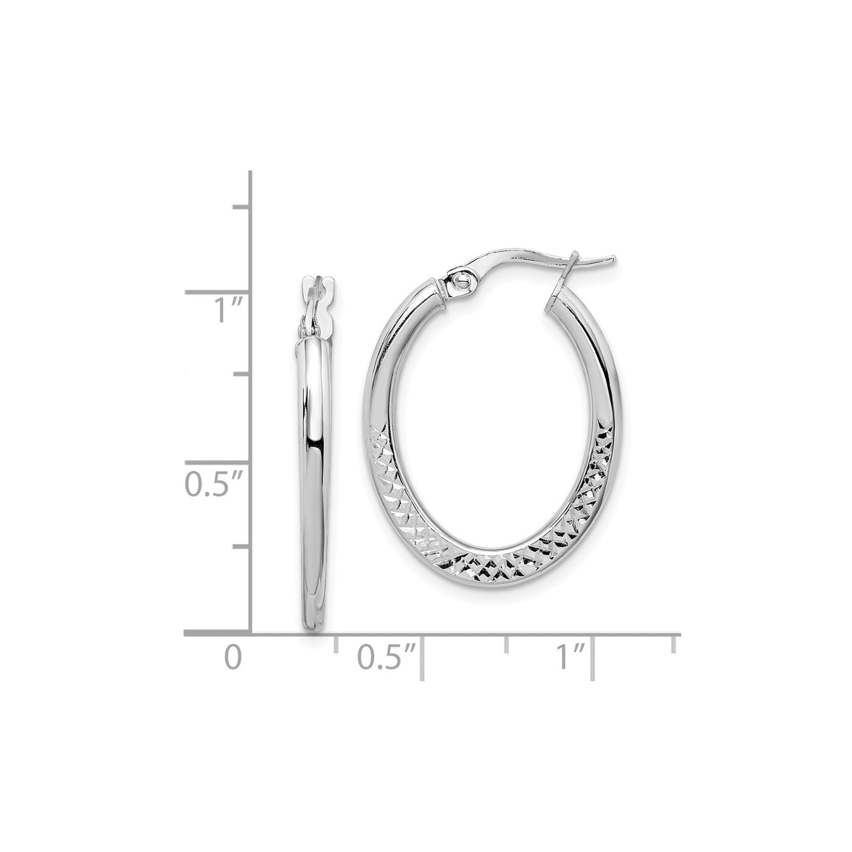 14k White Gold Oval Hoop Earrings with Polished Finish and Diamond Cut Texture