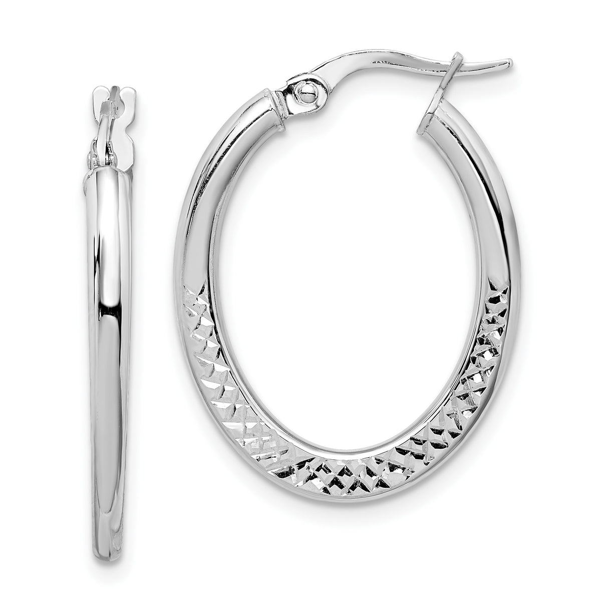 14k White Gold Oval Hoop Earrings with Polished Finish and Diamond Cut Texture